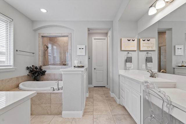 350 Lake Trail Ln, Prosper, TX 75078 - bathroom with a garden tub, vanity, tile patterned floors, and tiled shower
