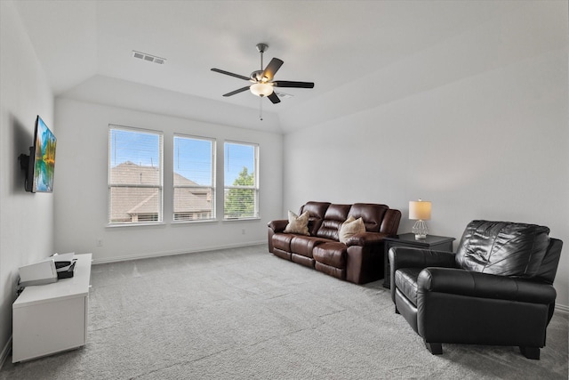 350 Lake Trail Ln, Prosper, TX 75078 - living area featuring ceiling fan, carpet, vaulted ceiling, and baseboards