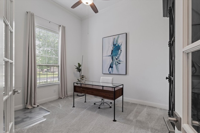 350 Lake Trail Ln, Prosper, TX 75078 - office area featuring ceiling fan, light carpet, ornamental molding, healthy amount of natural light, and baseboards