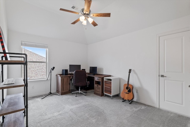 350 Lake Trail Ln, Prosper, TX 75078 - office area featuring carpet, lofted ceiling, a ceiling fan, and baseboards