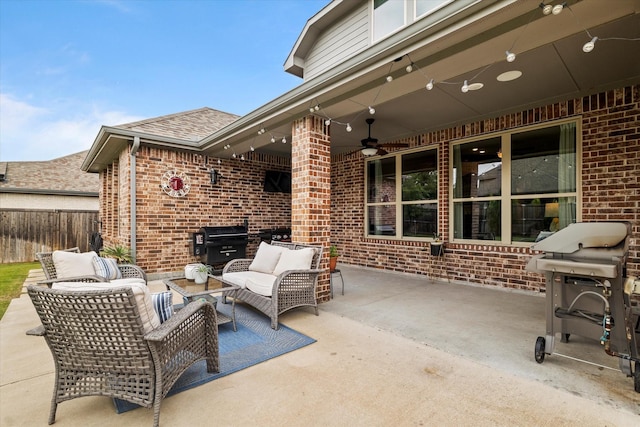 350 Lake Trail Ln, Prosper, TX 75078 - view of patio featuring ceiling fan, an outdoor hangout area, and area for grilling