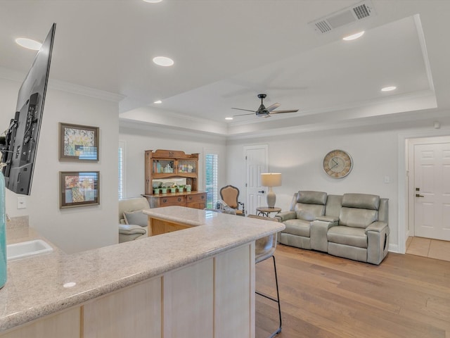6321 Fershaw Pl, Fort Worth, TX 76116 - kitchen featuring a raised ceiling, a ceiling fan, ornamental molding, open floor plan, and a kitchen bar