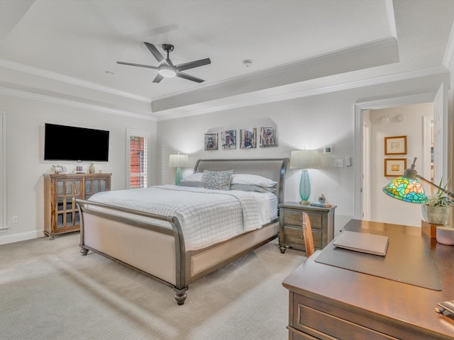 6321 Fershaw Pl, Fort Worth, TX 76116 - bedroom featuring a raised ceiling, crown molding, light colored carpet, ceiling fan, and an office area
