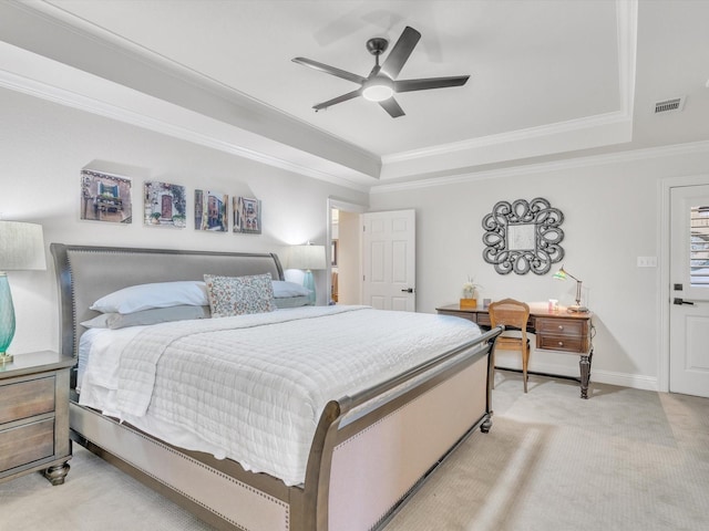 6321 Fershaw Pl, Fort Worth, TX 76116 - bedroom with a raised ceiling, light colored carpet, ornamental molding, a ceiling fan, and baseboards