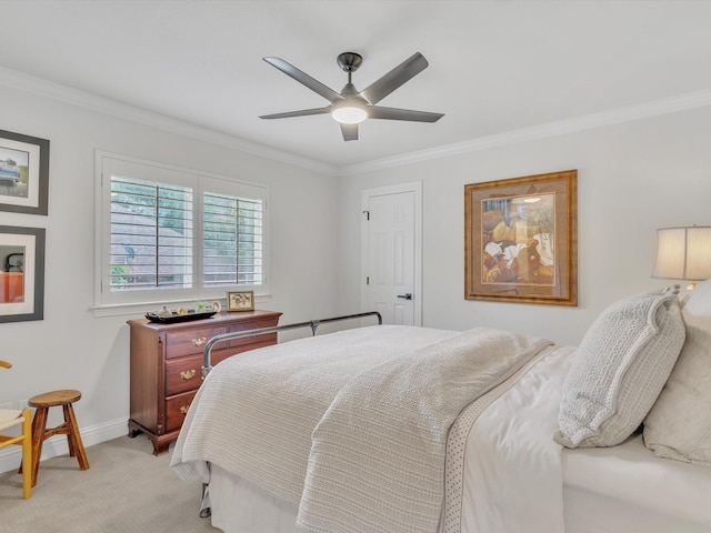 6321 Fershaw Pl, Fort Worth, TX 76116 - bedroom featuring light colored carpet, crown molding, baseboards, and a ceiling fan