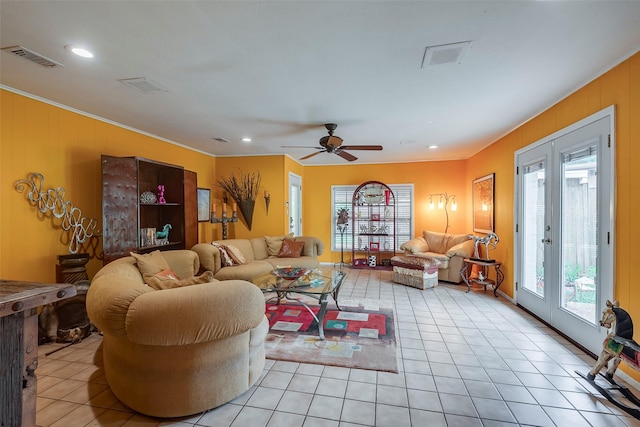 4141 Shannon Dr, Fort Worth, TX 76116 - living room with light tile patterned floors, ceiling fan, crown molding, and recessed lighting