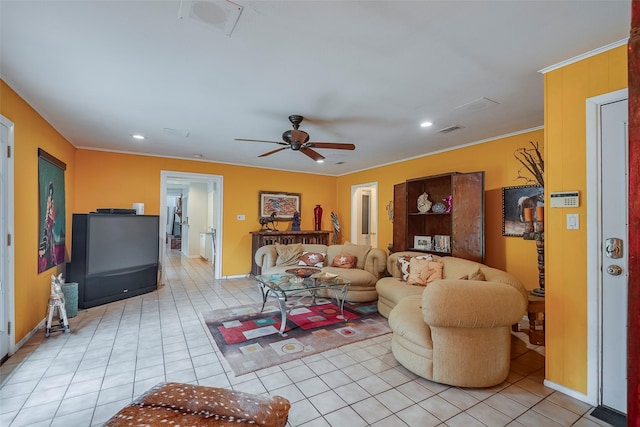 4141 Shannon Dr, Fort Worth, TX 76116 - living room with light tile patterned floors, ceiling fan, recessed lighting, crown molding, and baseboards