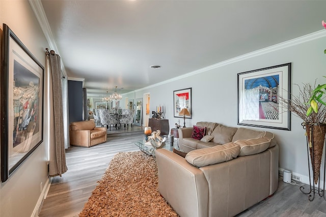 4141 Shannon Dr, Fort Worth, TX 76116 - living room with ornamental molding, a chandelier, wood finished floors, and baseboards