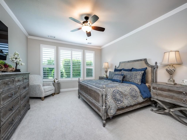 9813 Ironwood Dr, Denton, TX 76207 - bedroom featuring light colored carpet, crown molding, baseboards, and a ceiling fan