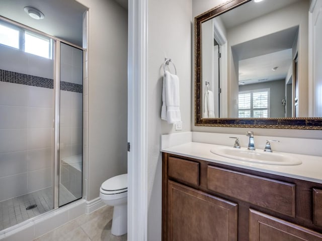 9813 Ironwood Dr, Denton, TX 76207 - bathroom with a shower stall, vanity, toilet, and tile patterned flooring