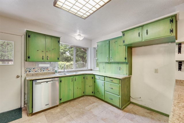 4 Waterview Pl, Richardson, TX 75080 - kitchen with stainless steel dishwasher, a sink, light countertops, and green cabinets