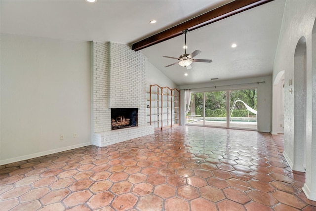 4 Waterview Pl, Richardson, TX 75080 - unfurnished living room with a ceiling fan, a fireplace, baseboards, and recessed lighting