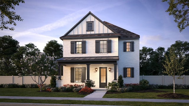 9474 Hedge St, Frisco, TX 75035 - view of front facade with a standing seam roof, brick siding, board and batten siding, metal roof, and covered porch