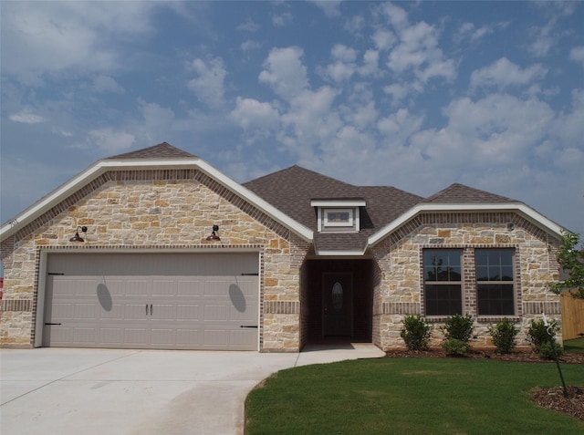 701 Raylan St, Springtown, TX 76082 - french country home with stone siding, driveway, an attached garage, a shingled roof, and a front yard