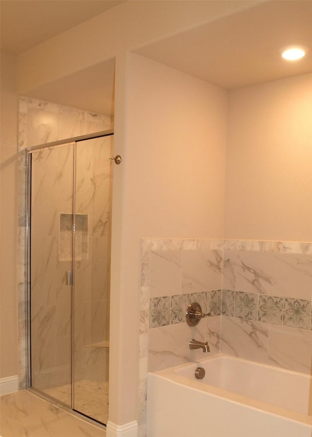 701 Raylan St, Springtown, TX 76082 - full bath with a bath, a marble finish shower, baseboards, and recessed lighting