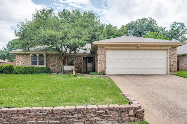 1001 Woodhaven Ct, Euless, TX 76039 - ranch-style home with driveway, a front lawn, a garage, and brick siding