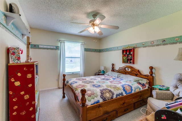 1001 Woodhaven Ct, Euless, TX 76039 - bedroom featuring a textured ceiling, carpet flooring, and a ceiling fan