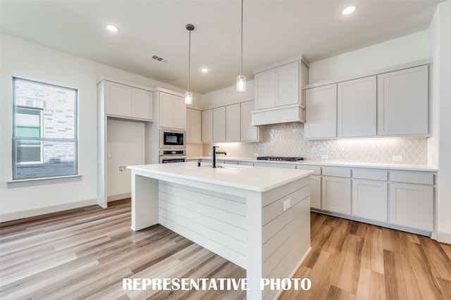 3109 Blake Dr, Mckinney, TX 75071 - kitchen with black microwave, stainless steel oven, light countertops, tasteful backsplash, and recessed lighting