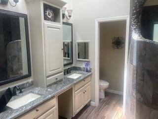 2510 Plumdale Dr, Carrollton, TX 75006 - full bath with toilet, vanity, wood finished floors, and baseboards