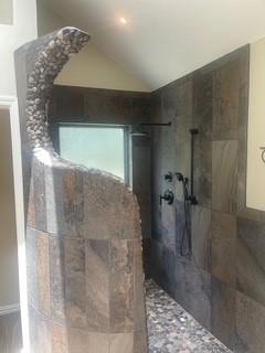2510 Plumdale Dr, Carrollton, TX 75006 - full bath with walk in shower, lofted ceiling, and wood finished floors