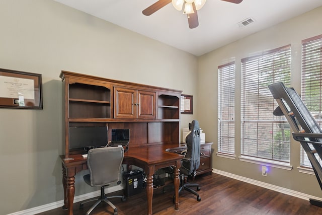 107 Barkley Dr, Hickory Creek, TX 75065 - home office with ceiling fan, plenty of natural light, and dark wood-style flooring