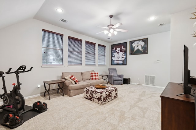 107 Barkley Dr, Hickory Creek, TX 75065 - carpeted living area with ceiling fan, baseboards, recessed lighting, and vaulted ceiling