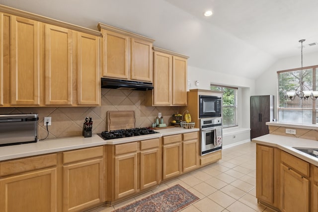 107 Barkley Dr, Hickory Creek, TX 75065 - kitchen featuring black appliances, under cabinet range hood, backsplash, vaulted ceiling, and light countertops