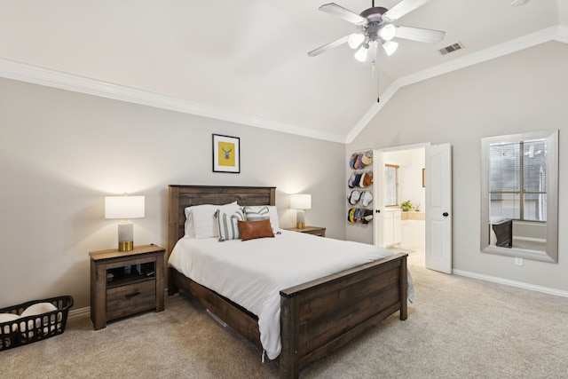 107 Barkley Dr, Hickory Creek, TX 75065 - bedroom featuring light colored carpet, vaulted ceiling, crown molding, ceiling fan, and connected bathroom