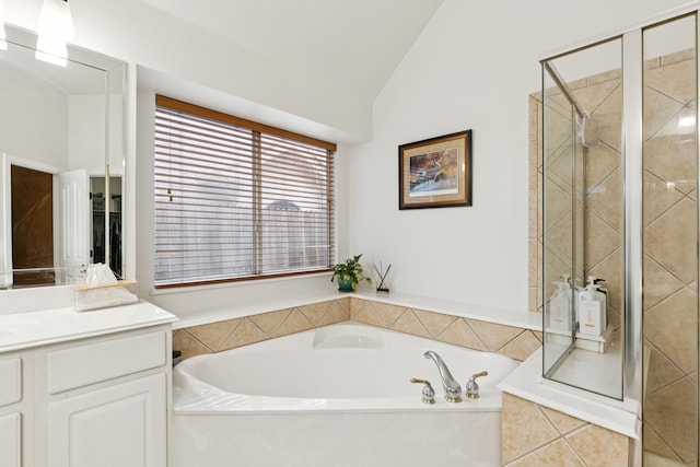 107 Barkley Dr, Hickory Creek, TX 75065 - full bath featuring a garden tub, vanity, a shower stall, and lofted ceiling