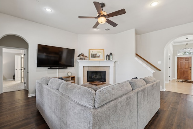 107 Barkley Dr, Hickory Creek, TX 75065 - living room featuring arched walkways, ceiling fan, dark wood-type flooring, baseboards, and recessed lighting