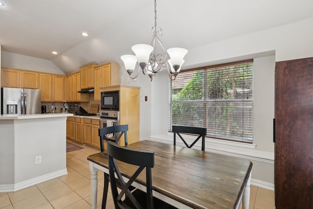 107 Barkley Dr, Hickory Creek, TX 75065 - dining space with vaulted ceiling, a chandelier, light tile patterned floors, and recessed lighting