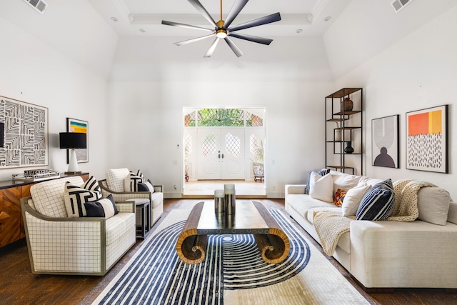 2020 Winding Hollow Ln, Plano, TX 75093 - living room featuring dark wood-style flooring, a ceiling fan, and a high ceiling