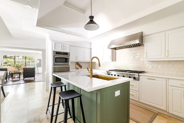 2020 Winding Hollow Ln, Plano, TX 75093 - kitchen with a sink, wall chimney range hood, a raised ceiling, decorative backsplash, and a warming drawer