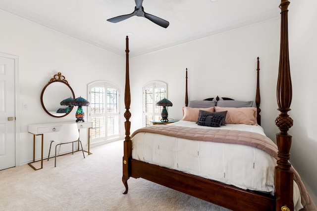 2020 Winding Hollow Ln, Plano, TX 75093 - bedroom featuring light colored carpet, ornamental molding, and ceiling fan