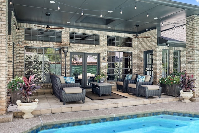 2020 Winding Hollow Ln, Plano, TX 75093 - swimming pool with a ceiling fan, french doors, an outdoor hangout area, and a patio area