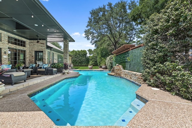 2020 Winding Hollow Ln, Plano, TX 75093 - swimming pool with an outdoor hangout area, a patio, and ceiling fan