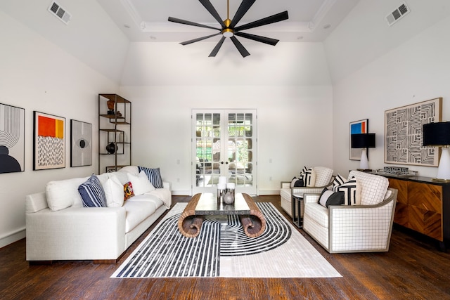 2020 Winding Hollow Ln, Plano, TX 75093 - living room with a high ceiling, a ceiling fan, wood finished floors, baseboards, and french doors