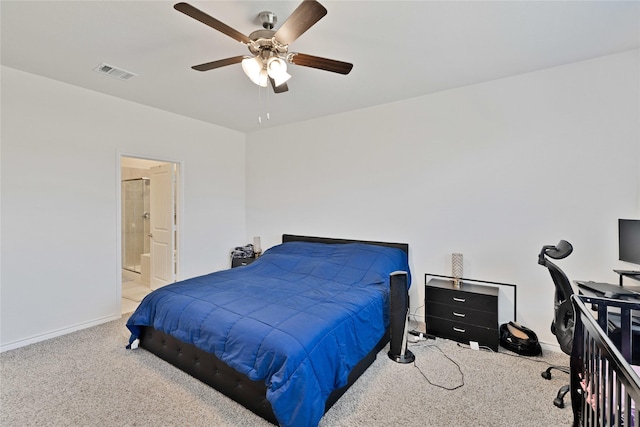 10407 Twisting Springs Dr, Aubrey, TX 76227 - carpeted bedroom featuring baseboards, ceiling fan, and ensuite bath