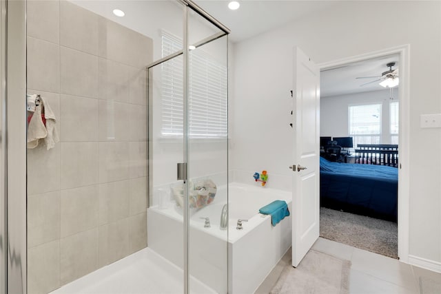 10407 Twisting Springs Dr, Aubrey, TX 76227 - ensuite bathroom with a garden tub, tile patterned flooring, a shower stall, a ceiling fan, and recessed lighting