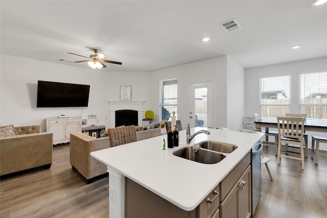 10407 Twisting Springs Dr, Aubrey, TX 76227 - kitchen with a sink, light wood-type flooring, a ceiling fan, light countertops, and recessed lighting