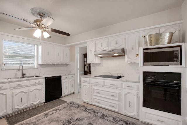 9718 Burney Dr, Dallas, TX 75243 - kitchen featuring black appliances, a sink, ceiling fan, white cabinets, and under cabinet range hood