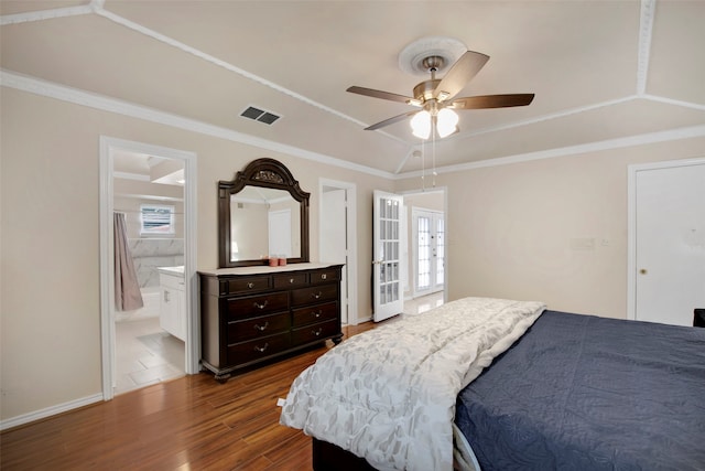 9718 Burney Dr, Dallas, TX 75243 - bedroom with dark wood-type flooring, crown molding, a ceiling fan, and ensuite bath