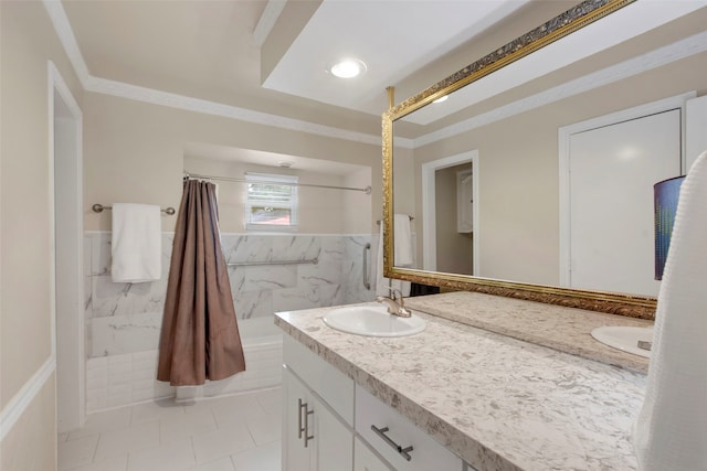 9718 Burney Dr, Dallas, TX 75243 - full bath featuring double vanity, a marble finish shower, tile patterned flooring, ornamental molding, and wainscoting