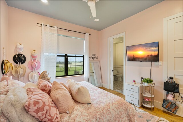 1234 Shelby Ln, Celina, TX 75009 - bedroom featuring wood finished floors, ensuite bath, baseboards, recessed lighting, and a ceiling fan