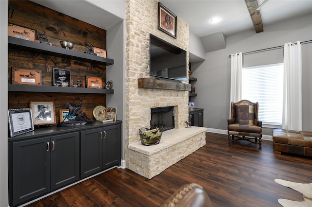 2113 Twin Creeks Cir, Pilot Point, TX 76258 - living area featuring dark wood finished floors, a fireplace, baseboards, and beam ceiling