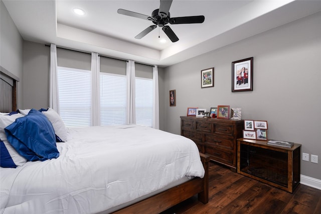 2113 Twin Creeks Cir, Pilot Point, TX 76258 - bedroom featuring a tray ceiling, hardwood / wood-style flooring, recessed lighting, baseboards, and ceiling fan