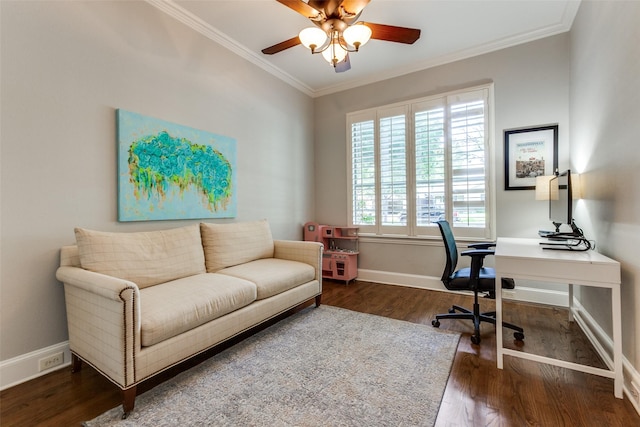 5152 Vickery Blvd, Dallas, TX 75206 - office area featuring crown molding, wood finished floors, baseboards, and a ceiling fan