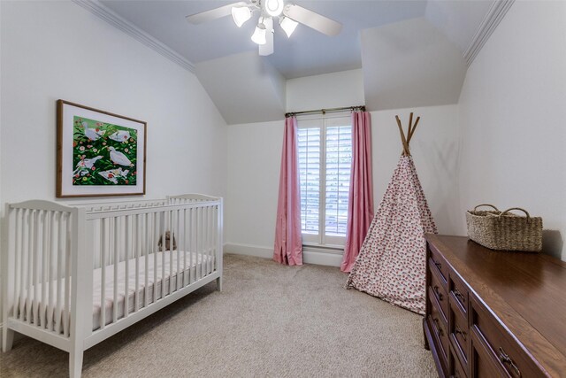 5152 Vickery Blvd, Dallas, TX 75206 - bedroom featuring light colored carpet, vaulted ceiling, a nursery area, a ceiling fan, and baseboards