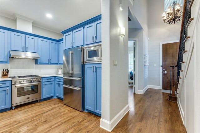 5152 Vickery Blvd, Dallas, TX 75206 - kitchen with blue cabinets, high quality appliances, under cabinet range hood, crown molding, and light countertops