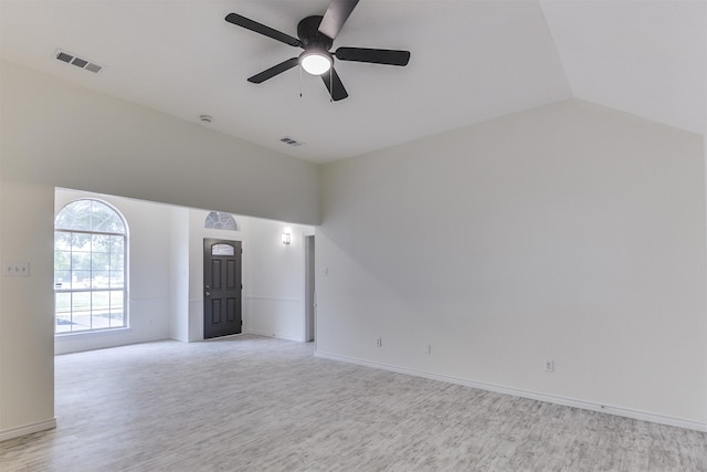 408 Tara Ln, Red Oak, TX 75154 - empty room featuring light wood-style flooring, ceiling fan, vaulted ceiling, and baseboards